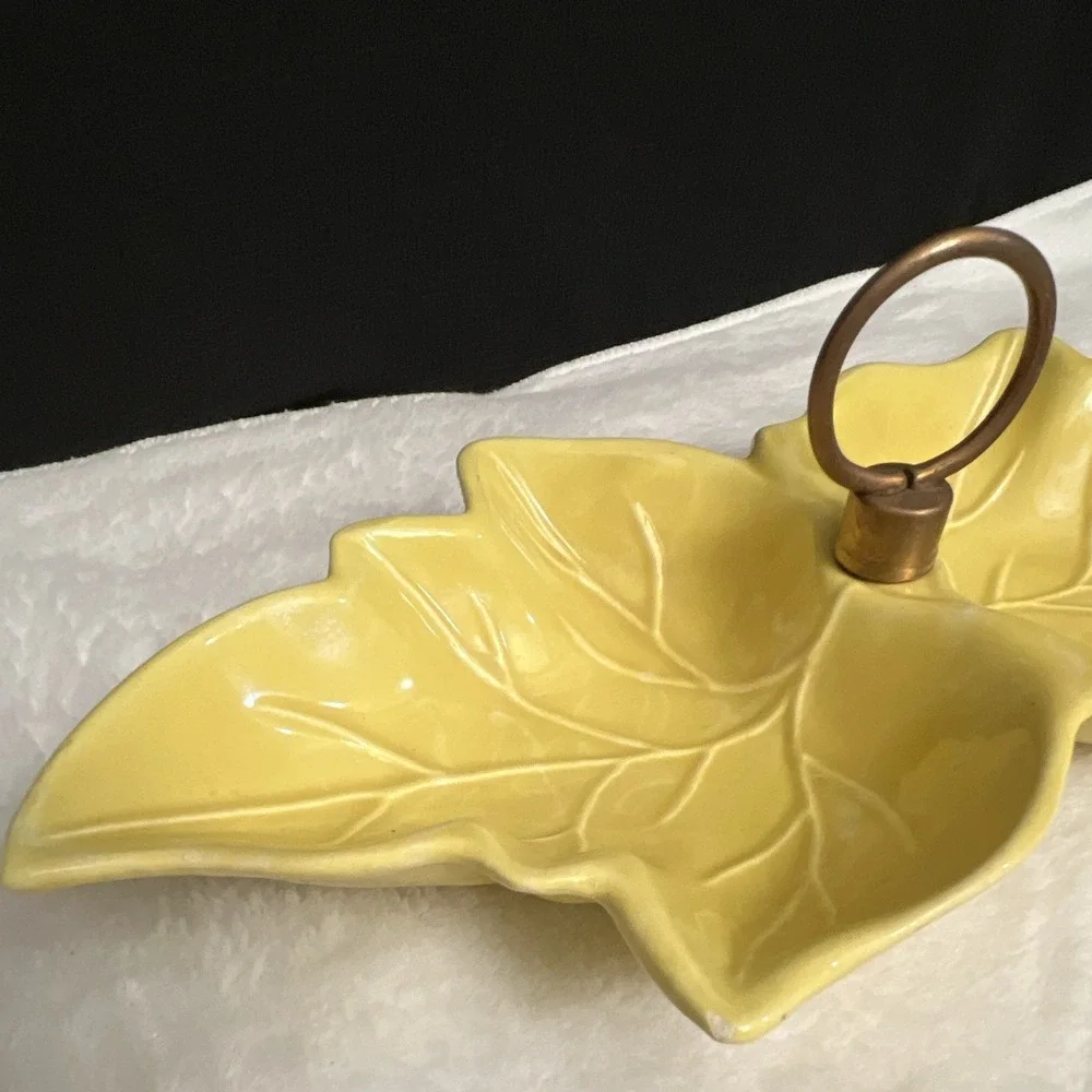 Vintage Yellow Leaf Divided Ceramic Serving Tray w/ Metal Handle USA MCM